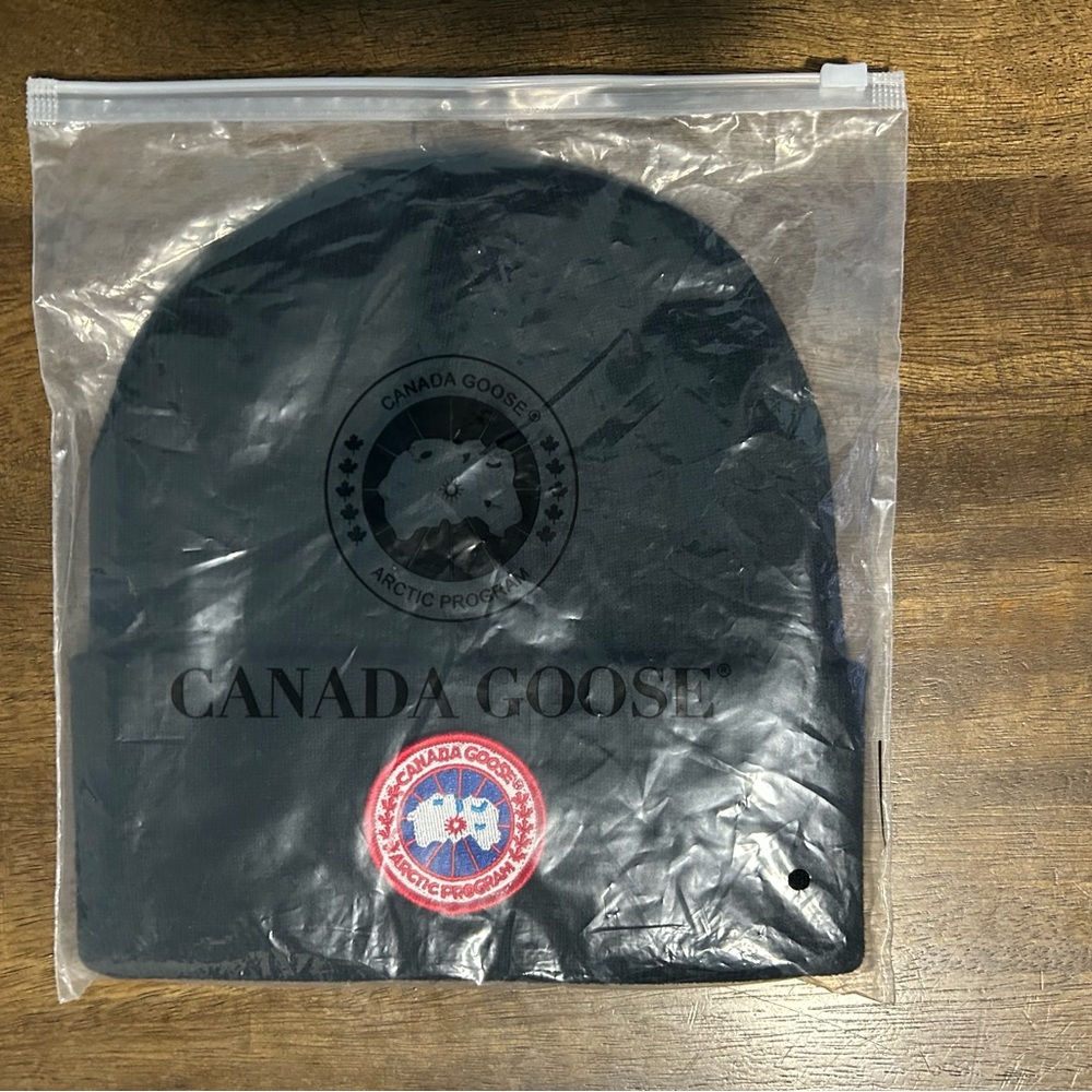Canada Goose Black Knit Beanie with Red Logo Patch